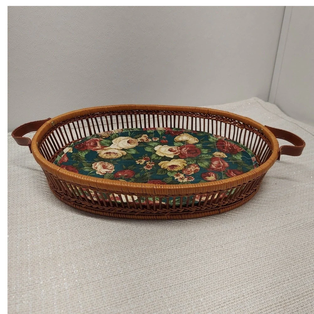 Vintage Oval Wicker Serving Tray Floral Quilted Liner Wood Base 16